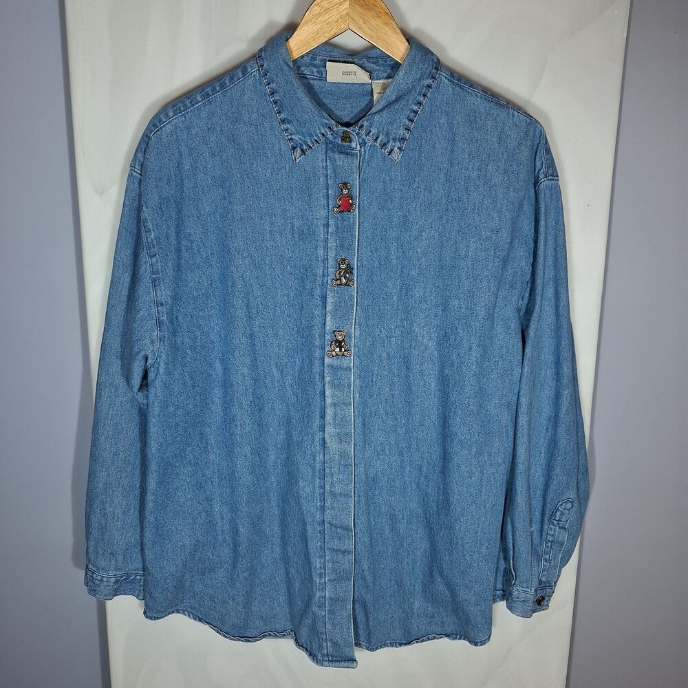 Blue Denim Teddy Bear Button Embroidered Long Sleeve Shirt Women's XL Cotton